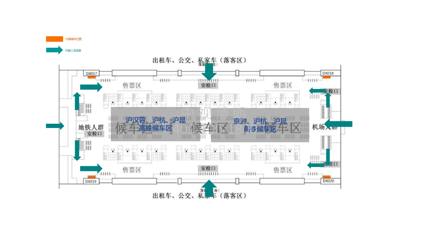 上海虹桥站广告-南北安检进站厅功能房灯箱点位图